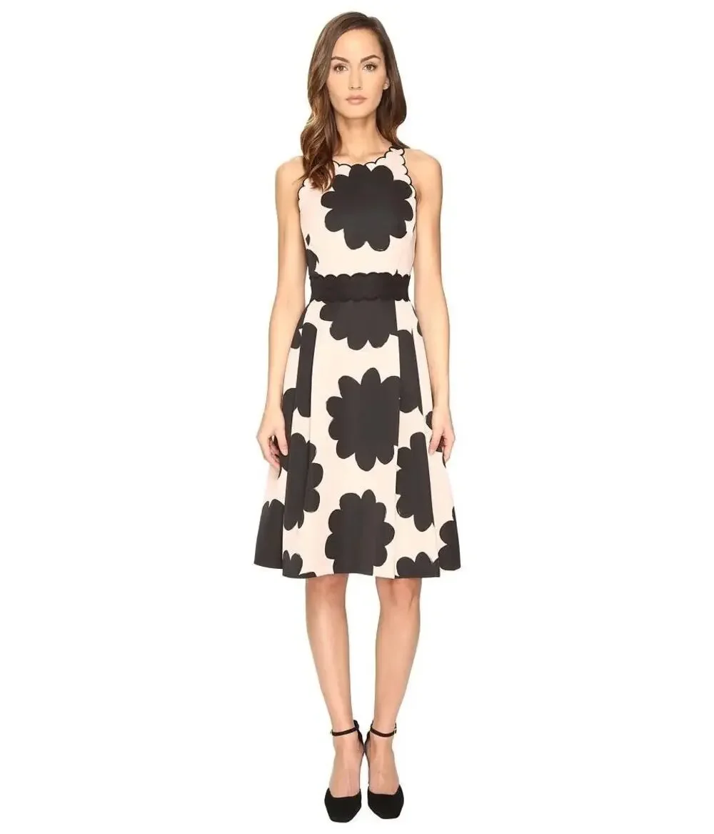 Kate Spade New York Women's Pink & Black Petal Stamp Fit & Flare Dress Size 6